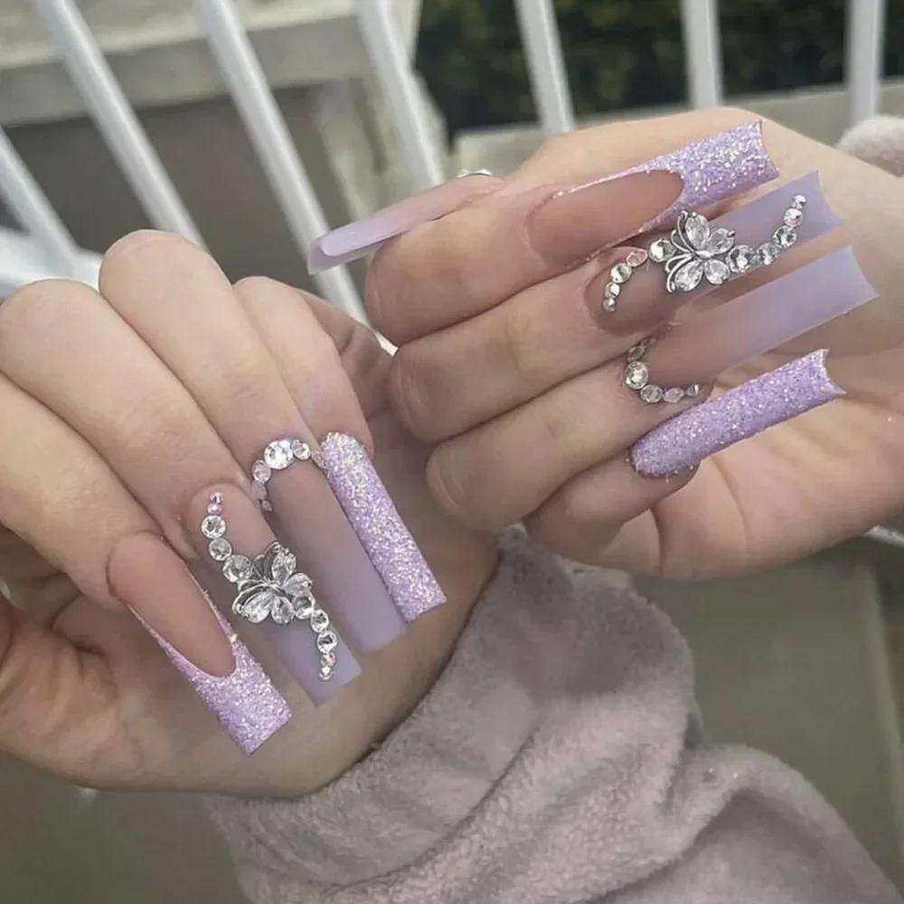 24Pcs Long Coffin False Nails with Love Rhinestone Design Pink French Ballet Fake Nails Manicure Tips Wearable Press on Nails