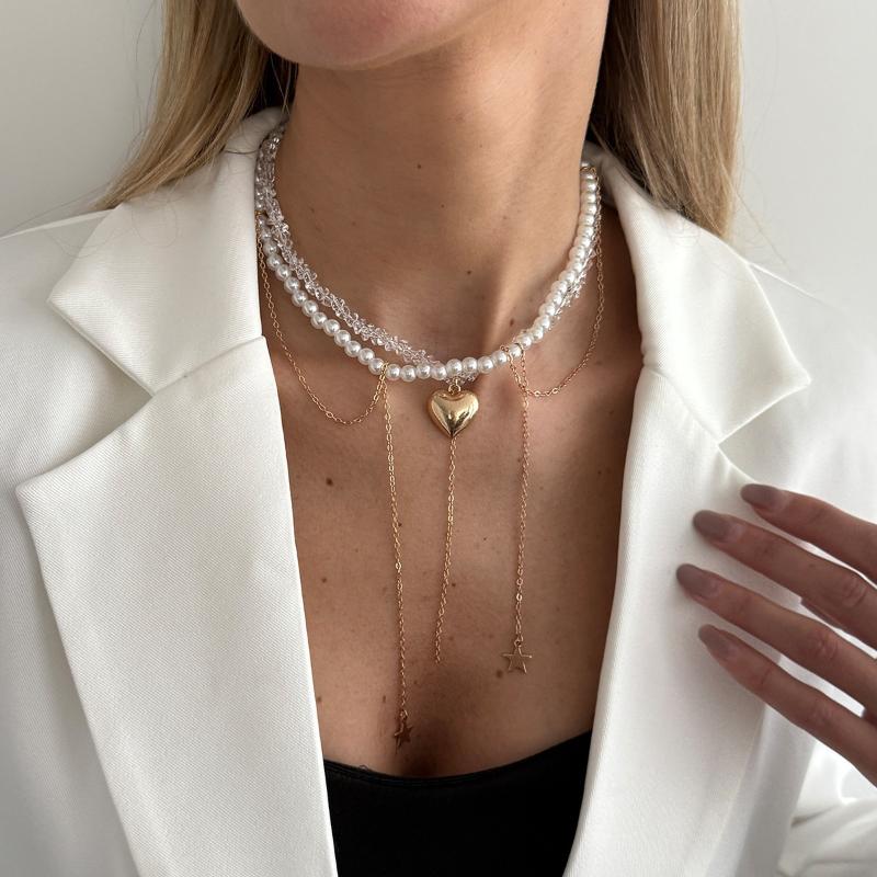 Trendy Pentagram Star Heart-Shaped Tassel Pendant Necklace Creative Multi Layer Imitation Pearl Choker