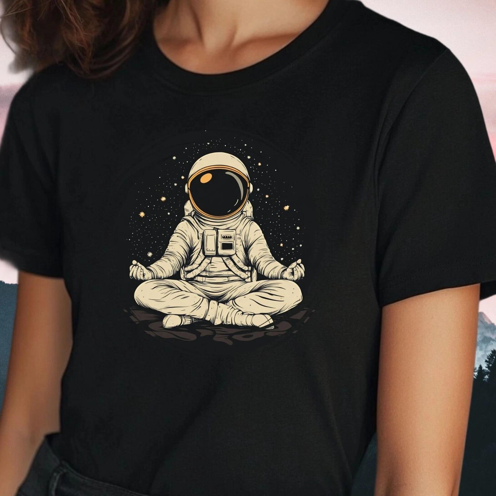 Women Meditating Astronaut Print Cotton T-Shirt XL