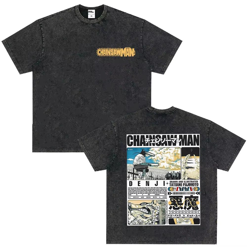 Unisex Vintage Washed Streetwear Short Sleeve T-Shirt, Men's Pure Cotton Tee with Manga Print of Future Devil from Anime Chainsaw Man
