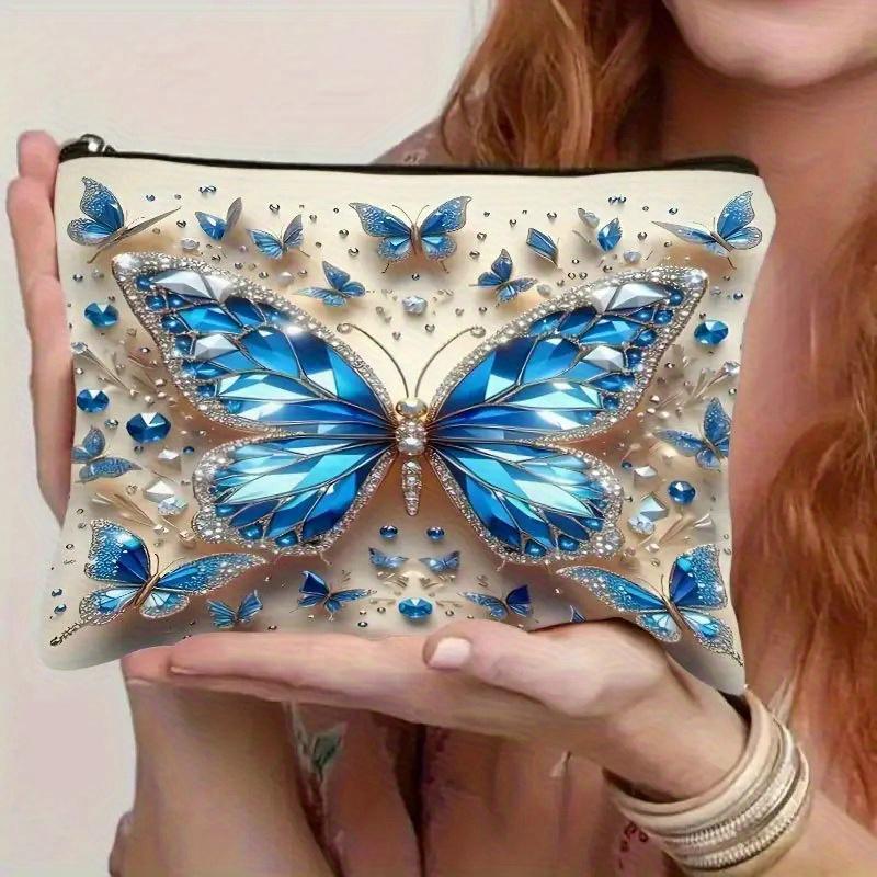 

1 шт. Элегантная косметичка с бабочкой и синими стразами для женщин - Шикарные смешанные цвета, Прочная застежка-молния, Универсальная для путешествий 15.24cm*21.59cm