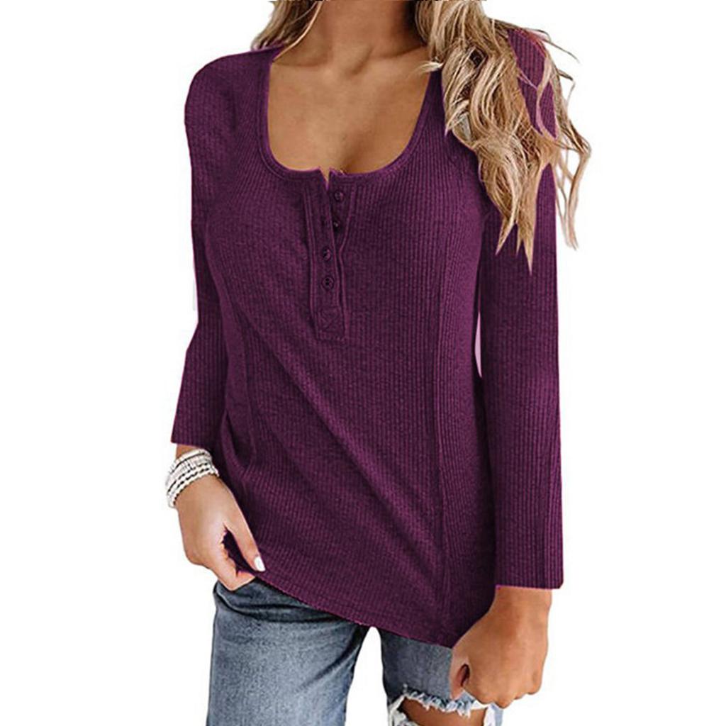 Damen Casual Mode U-Ausschnitt Knopf Einfarbig Langarm Oberteil