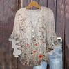 Women's Fashion Casual Button V-Neck Seven Sleeve Vintage Printed Shirt Top