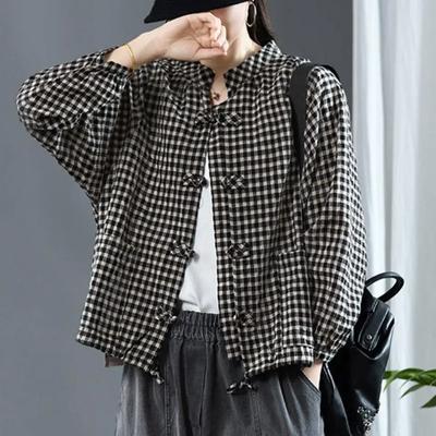 Spring Chinese Vintage Buttoned Plaid Cotton Cardigan Women's Drawstring Grid Pattern Top Jacket Women's Shirt