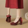 Women's Pearl Suede Mary Janes - Square Toe Chunky High Heels with Bow and Waterproof Platform