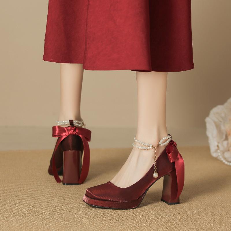 Women's Pearl Suede Mary Janes - Square Toe Chunky High Heels with Bow and Waterproof Platform
