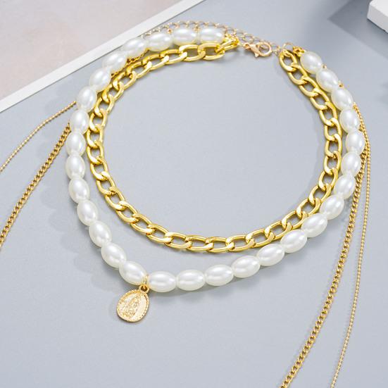 Multi-layer Necklace for Women 4-Layer Faux Pearl Beaded Necklace Golden Chain Necklace