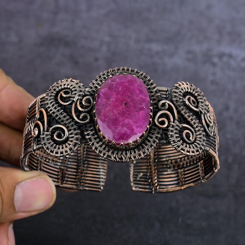 Kashmir Red Ruby(Simulated) Gemstone Handmade Copper Wire Wrap Cuff Bangle Adjustable J4a26