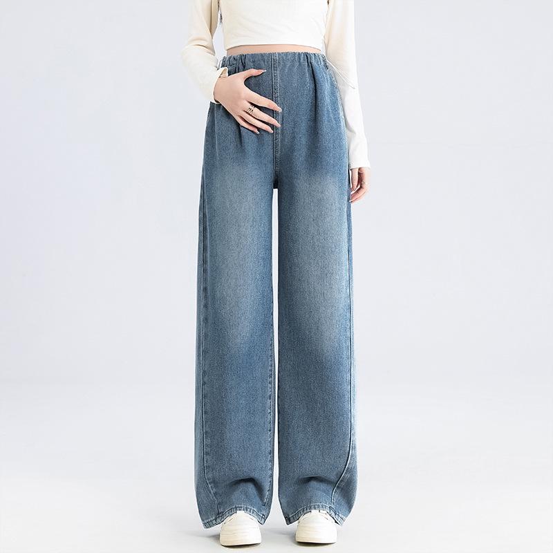 Maternity Loose-Fit Straight Wide-Leg Denim Pants with Drawstring L