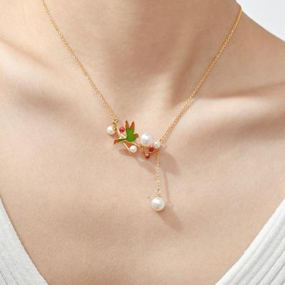 Elegant Bird & Berry Cloisonné Enamel Pearl Necklace with Tassel