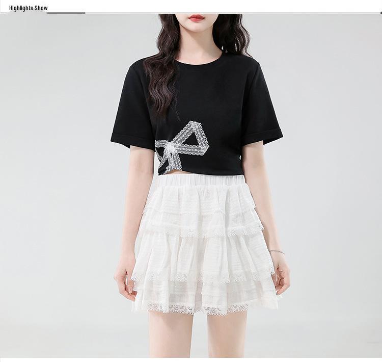 Women's Irregular Split Short-Sleeve Tee, Summer 2025, Loose Fit for Petite, Bowknot Design