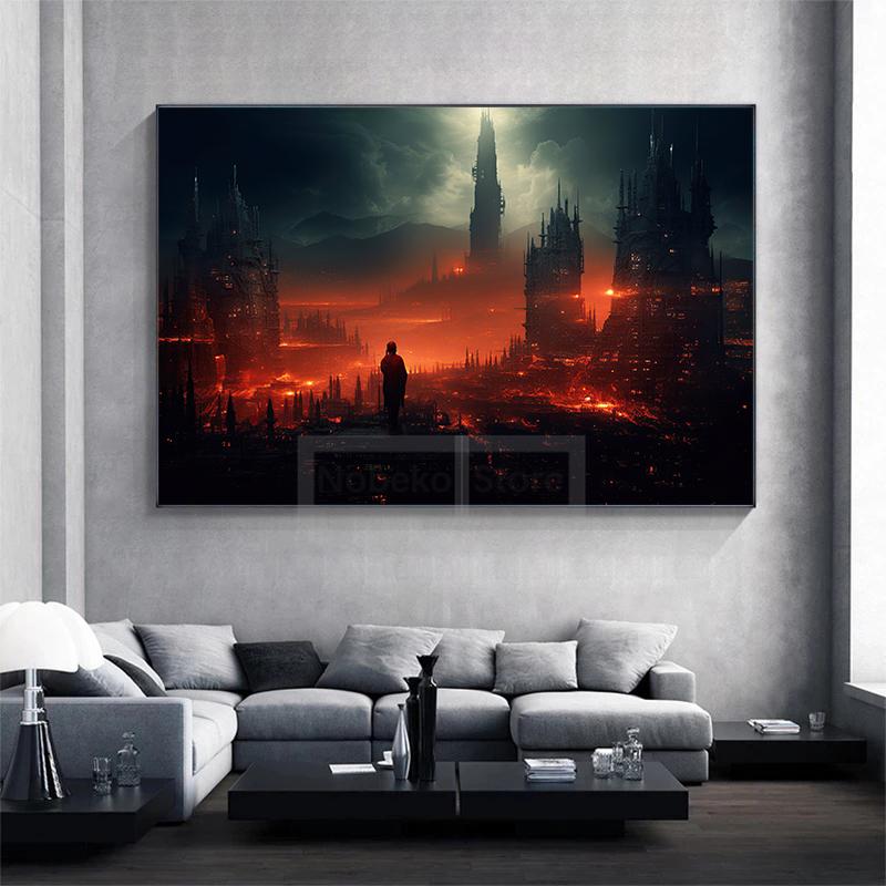 Futurism Cyberpunk Style City Landscape Poster Watercolor Prints Canvas Painting Wall Art Pictures Home Room Modern Sci-fi Decor