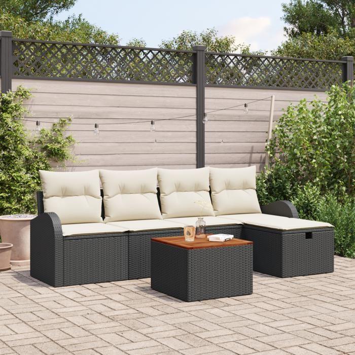 Ensemble de Canapés de Jardin 6 Pièces avec Coussins Noir Poly Rattan, Canapé de Jardin 2 Places avec Rangement &amp; Coussins 3360834