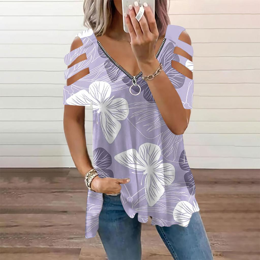 Women's Fashion Casual V-Neck Zipper Printed Off-Shoulder Short-Sleeved T-Shirt Top