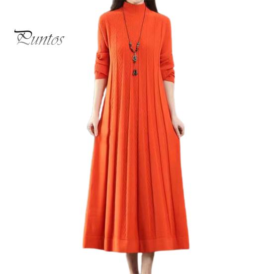 Winter Sweater Pleated Midi Dress Women Fall Knitted A-line Loose Hem Solid Color High Collar Autumn Neck Protection Thick Warm Long Sleeve