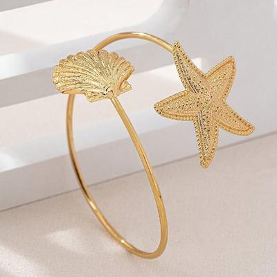 European and American Marine Style Metal Starfish Shell Hollow Bracelet Arm Ring Opening Adjustable Women's Personalized Jewelry
