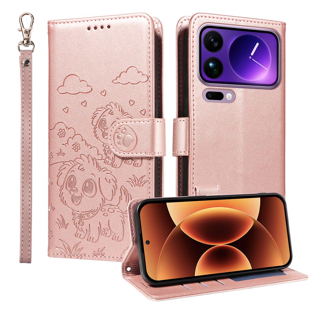 For Xiaomi 17 Pro Max Case RFID Blocking Imprinted Dog Pattern PU Leather Phone Cover with Wrist Strap