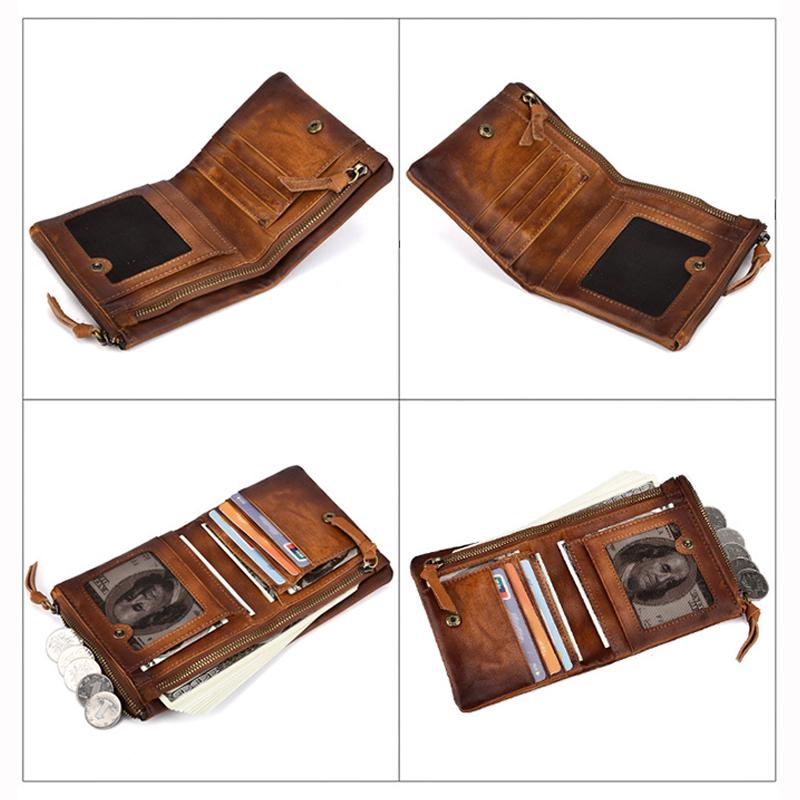 Vintage-Herren-Geldbörse aus echtem Leder, Retro-Geldbörse aus Rindsleder mit oberer Schicht für Männer, vertikale Geldbörse mit 2 Reißverschlusstaschen