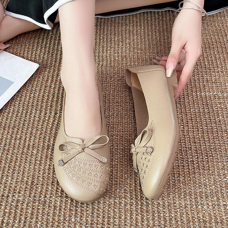 New Women's Shoes Spring and Autumn Fashion Round Toe Shallow Mouth Low Heel Bow Decorated Slip-On Women's Flat Shoes