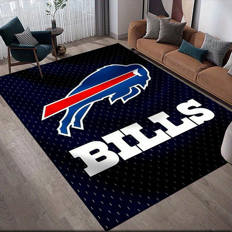 Buffalo Bills Flannel Printed Carpet, Home Sofa Decoration for Living Room & Bedroom, Non‑Slip Play Flannel Floor Mat for Game Room