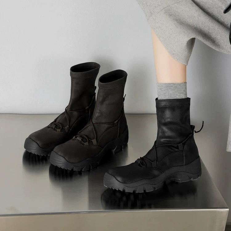 Cowhide version 2025 autumn and winter new fashion round head thick heel short boots versatile upgraded elastic boots thin boots short boots