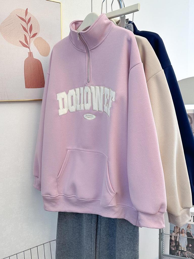 Women's Pink Retro Half-Zip Sweatshirt - Spring Thin, Oversized Streetwear with Stand-Up Collar