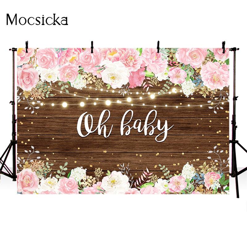 Mocsicka Oh Baby Photography Background Flowers Wood Board Lighting Decoration Style Shower Photo Backdrop Props Studio