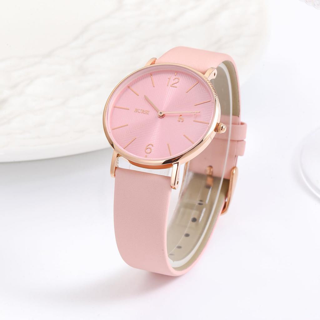 BUREI Analog Quartz Rose Pink Leather Perfect for Commuting and School Women's Watch, Gold, Waterproof, Band, Stylish, Casual, Popular, Slim,