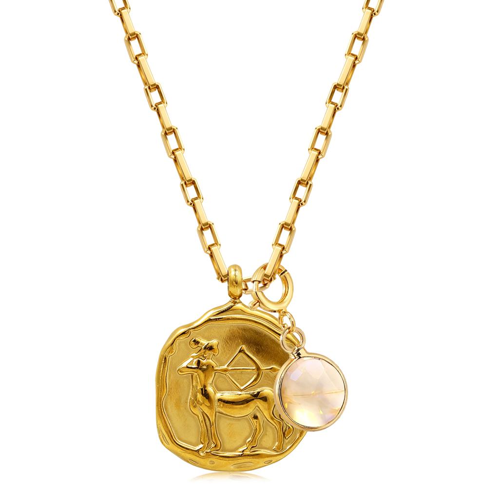 12 Zodiac Stainless Steel Women's Necklace Birthstone Zodiac Round Pendant Necklace Sweater Chain Amulet Color Christmas Gift