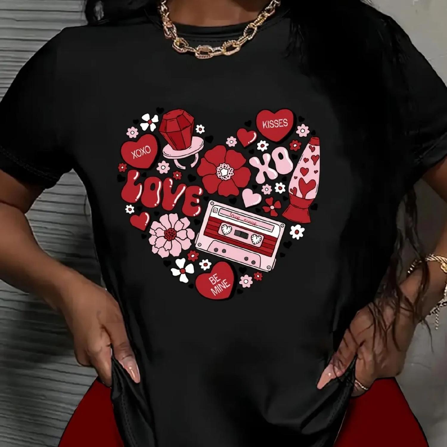 

Women S Casual Love Heart Print T-Shirt, 100% Cotton, Short Sleeve Crew Neck, Slight Stretch Knit Fabric, Regular Fit, All Seaso XXXXXL різнокольоровий