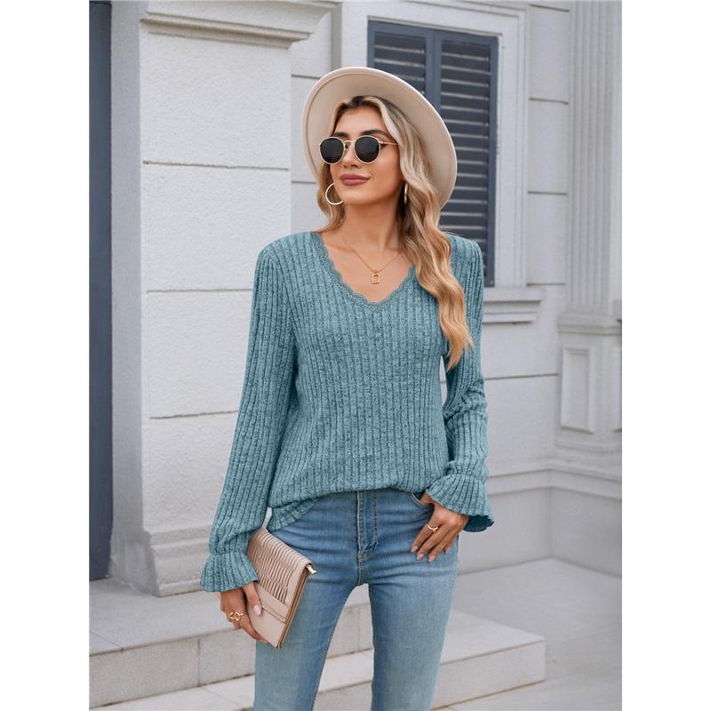 Women's Blouse New Product Solid Color Pit Strip Brushed Casual V-neck Lace Long-sleeved Bottoming Shirt