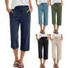 Solid Color Cotton Linen Crop Pants Loose Drawstring Wide-Leg Casual Long Shorts