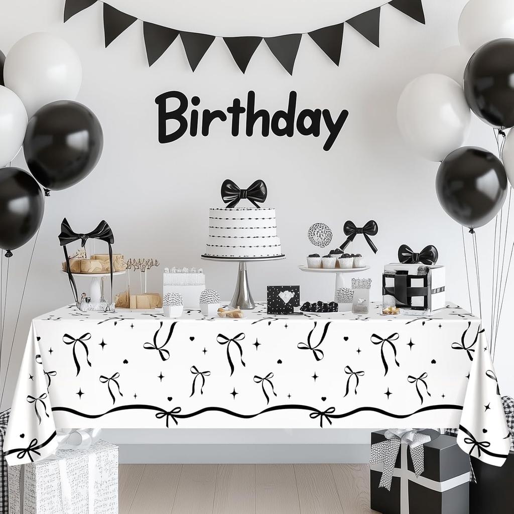 Avezano 3 pcs Black Bow Tablecloths 108 x 54 inch Bow Birthday Decorations Black and White Coquette Plastic Table Cover Disposable Bachelorette Party