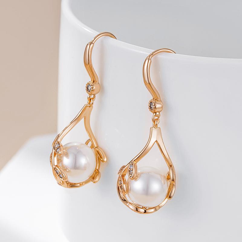 Pearl Long Drop Earrings For Women Trendy  Rose Gold Color Natural Zircon Vintage Flower Party Fine Daily Jewelry