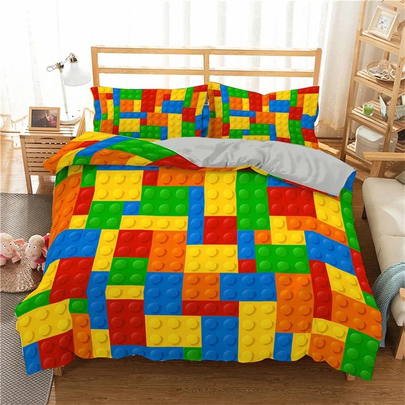 Colorful Toy King Queen Duvet Cover 3D Building Block Pattern Bedding Collection Fun Brick Quilt Cover Gradient Rainbow Comforter Cover