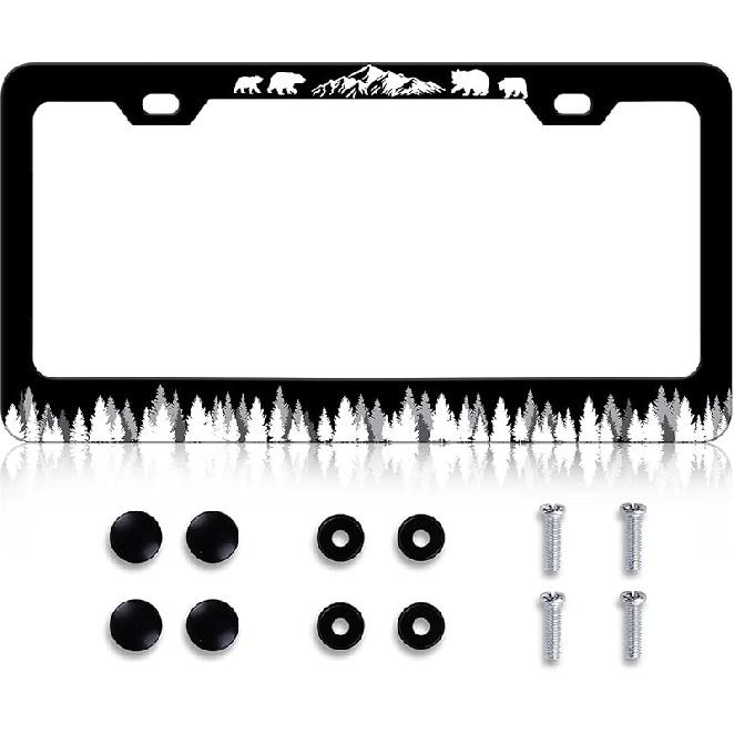 Black Leopard Print License Plate Frame - Leopard Personalise License Plate Holder, Rust-Proof Stainless Steel Waterproof Car Decorative Tag Frames