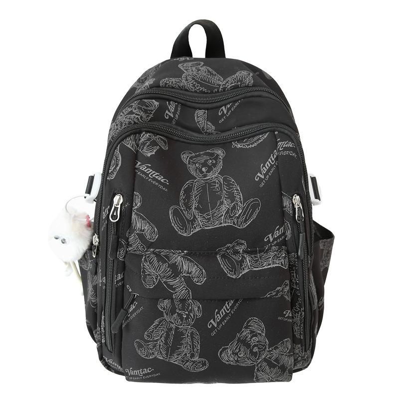 

School bag for female junior high school students, simple and versatile printed bear backpack, niche design, light backpack for high school students Without pendant чорний