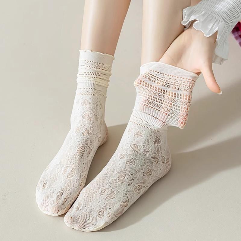 Pile-up Socks Summer Lightweight Lace-trimmed -length Stockings With Small Leather Shoes Black Ice Socks.