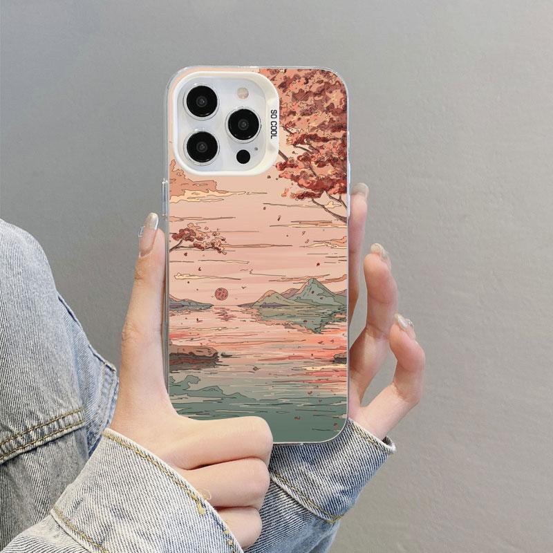 Anime Sky Landscape Art Painting Laser Phone Case For iPhone 12 13 Mini Pro Max 11 14 16 15 Pro Max Plus Shockproof Cover Fundas