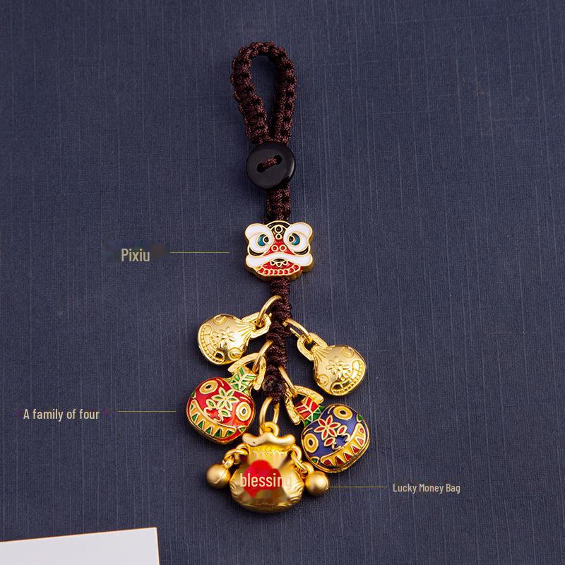 Gold-Plated God of Wealth Keychain with Swallowing Gold Beast Pendant