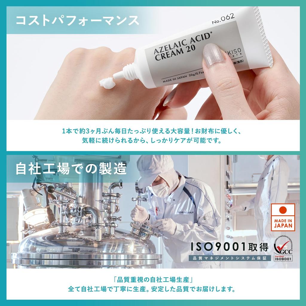 KisoCare [No.062] Balancing Cream AZ2 20g, Pure Azelaic Acid 20% - Moisturizing Ingredients for Multi-care Skin Concerns -