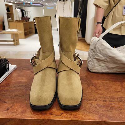 Cowhide Version~ Retro Square Head Suede Belt Buckle Short Boots Women's Wide Tube Medium Boots Thick Heel One Pedal Martin Boots