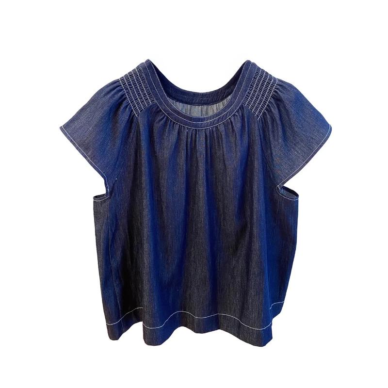 All Match Washed Soft Denim Shirt for Women's Summer New Style Loose and Lightweight Casual Small Shirt Small Fly Sleeve Top