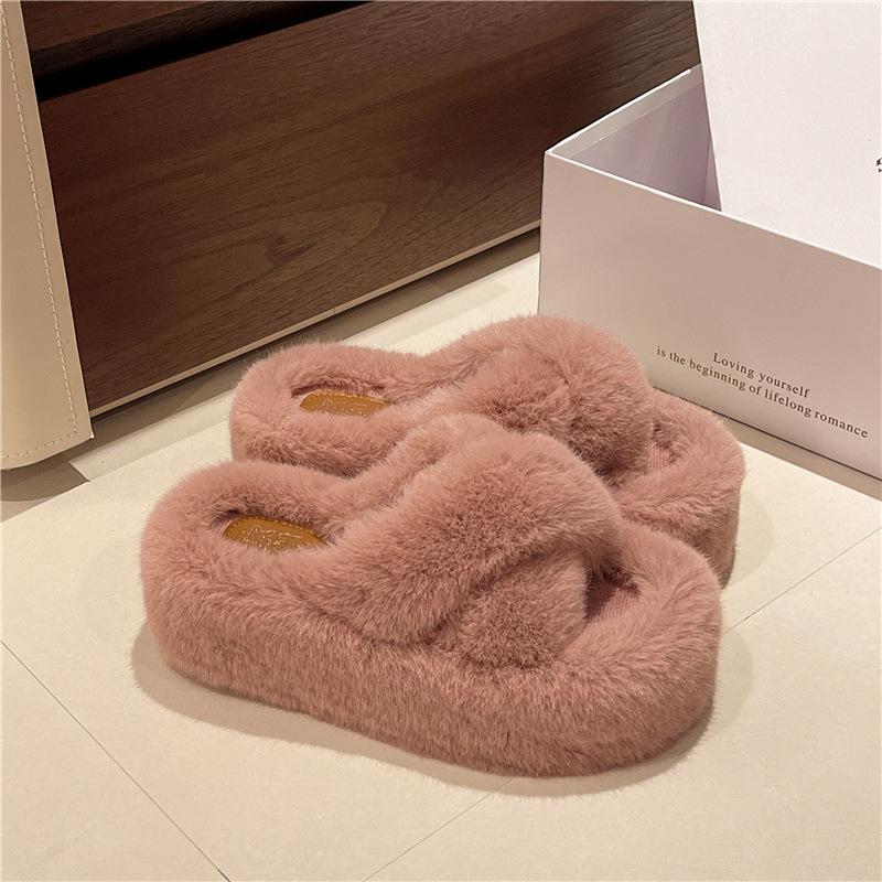 6Cm Thick-bottomed Crossed Fluffy Slippers Women's 2025 Autumn and Winter New Korean Version Fashionable Versatile Warm Plush Cotton Mop
