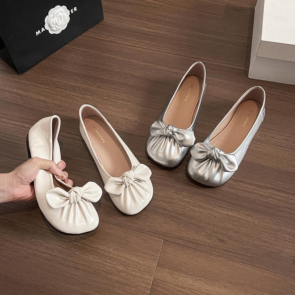Weiwei Girl 993-11 Bow Ballet Single Shoes Women's Shallow Mouth Flat-bottomed French Silver One-pedal Beanie Shoes