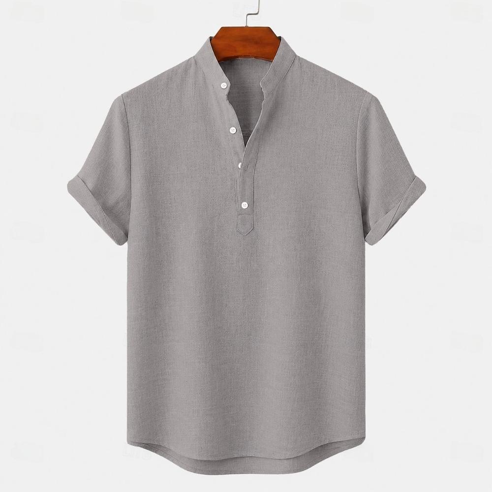 Men's Linen Shirts Short Sleeve Button Up Neck Stand Collar Casual Summer Home Daily Shirts