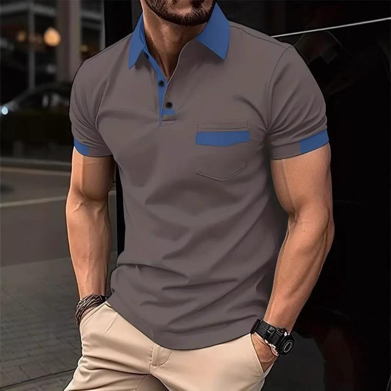 

Men Color Block Collar Short Sleeve Polo Shirt With Chest Pocket S серый