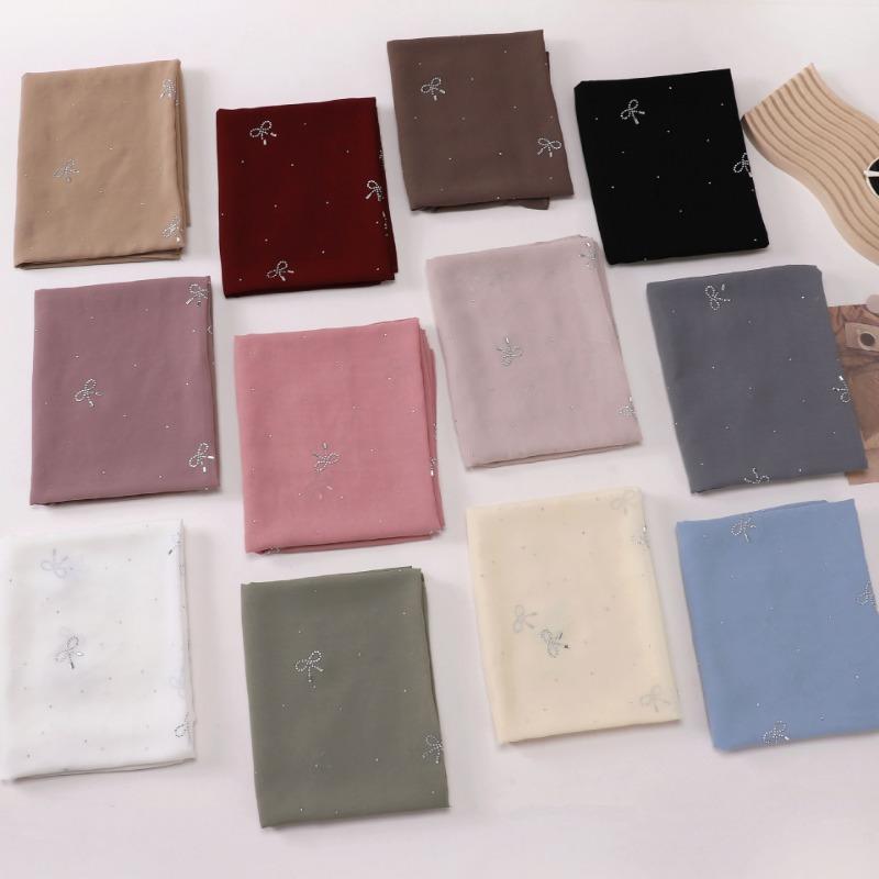 Pearl Chiffon Starry Bow Rhinestone Long Scarf Muslim Women Headscarf