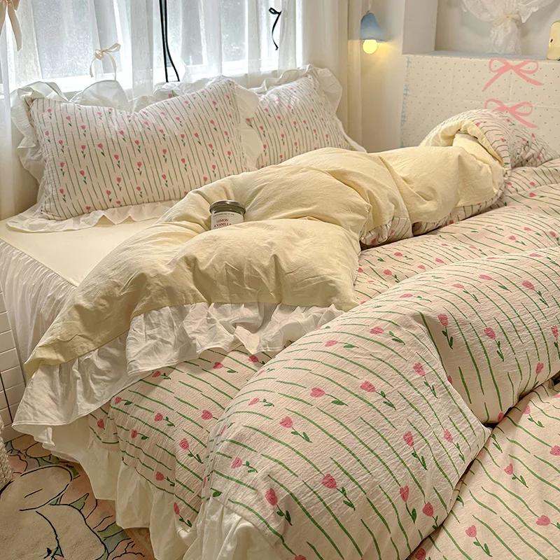 1.5/1.8 Korean Style 100% Cotton Fitted Sheet Sets with Lace Flower Print Bedding Set for Seasons Home Bedclothes for Adult Kids