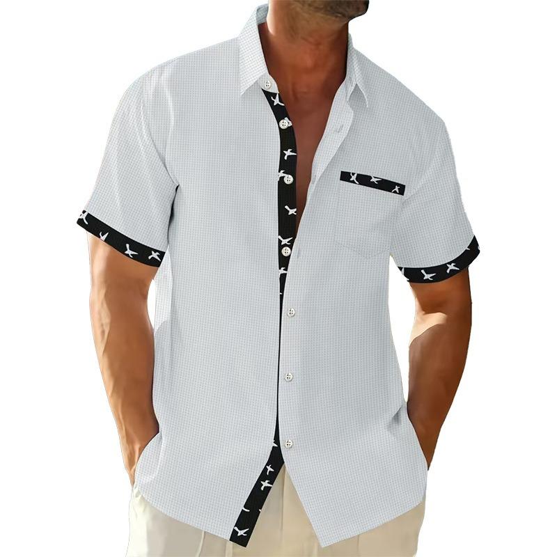 Camicia da uomo a maniche corte con revers, tessuto a quadretti fini, inserto con stampa di uccelli, bottoni, casual, top estivo quotidiano